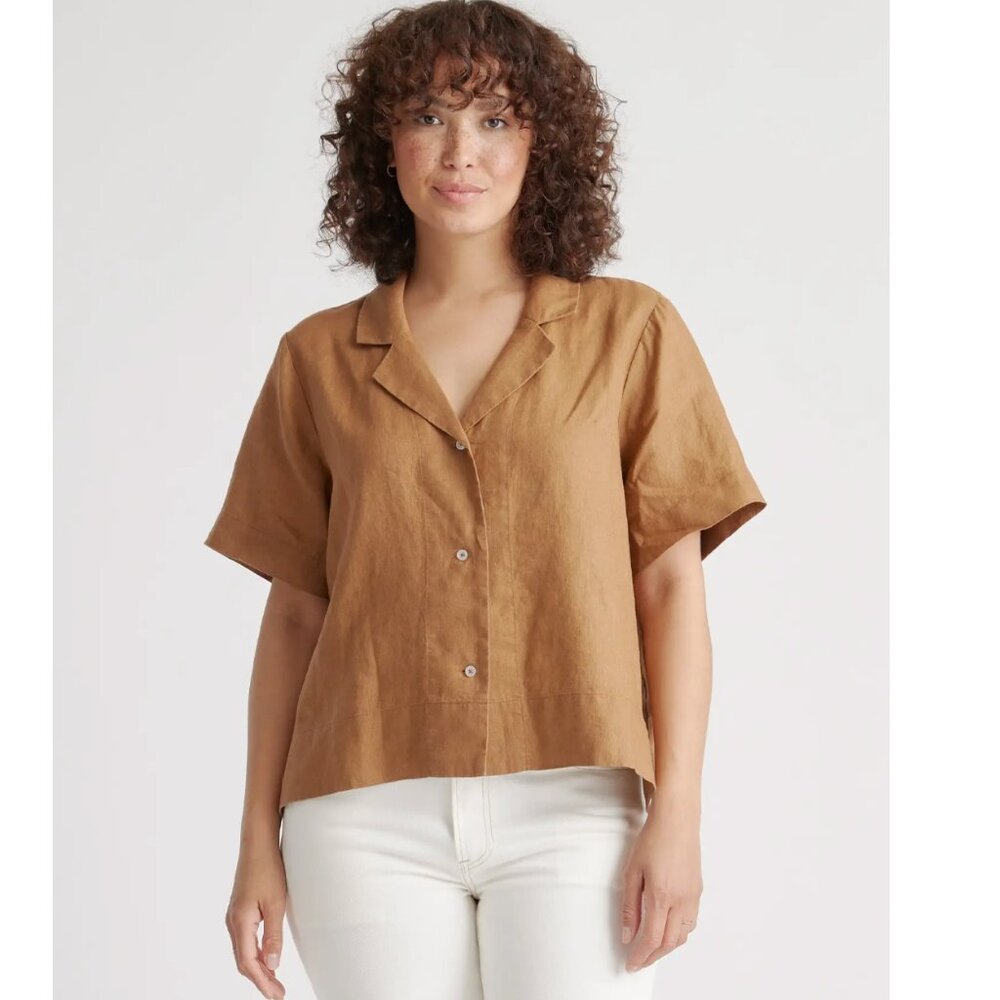 Sold Out Quince European Linen Short Sleeve Button Down golden Brown S
